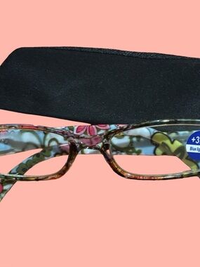 Floral Pattern Reading Glasses with Case - Pink & Green Accents strength 3.25